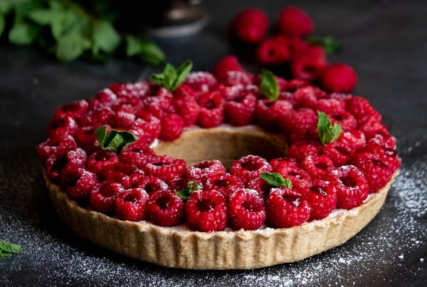 Raspberry Tart with Fermented Ginger Cream & Raspberry Coulis