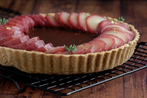Mulled Wine Ganache Tart with Poached Pears